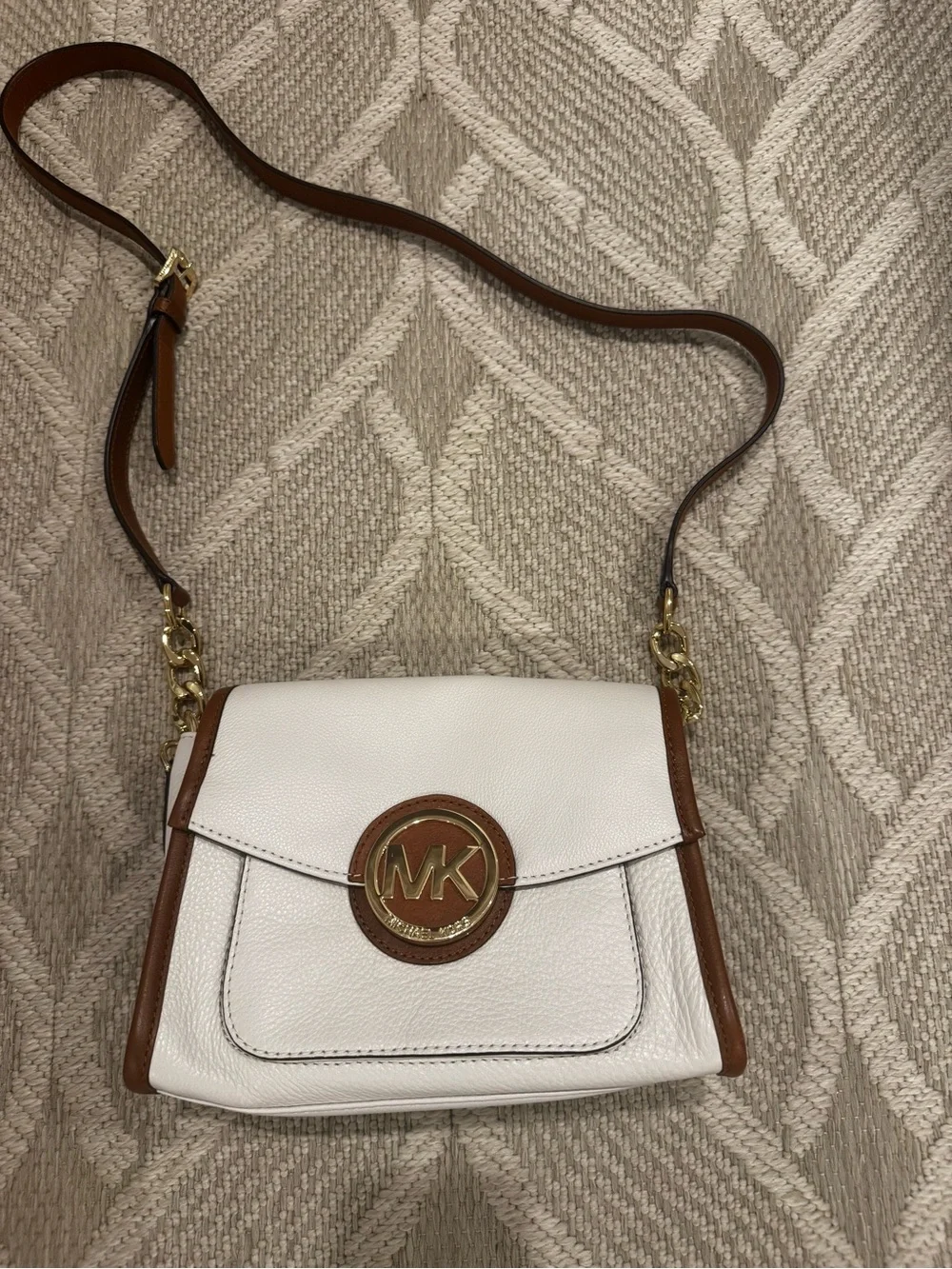 Michael Kors White and Brown Leather MK Logo Crossbody